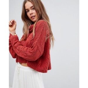 Free People Chunky Knit Cowl Neck Burnt Orange Sweater